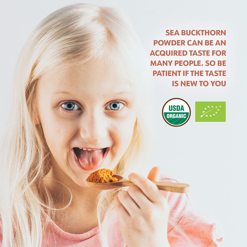 LOOV sea buckthorn powder packaging; no added sugar and non-GMO.