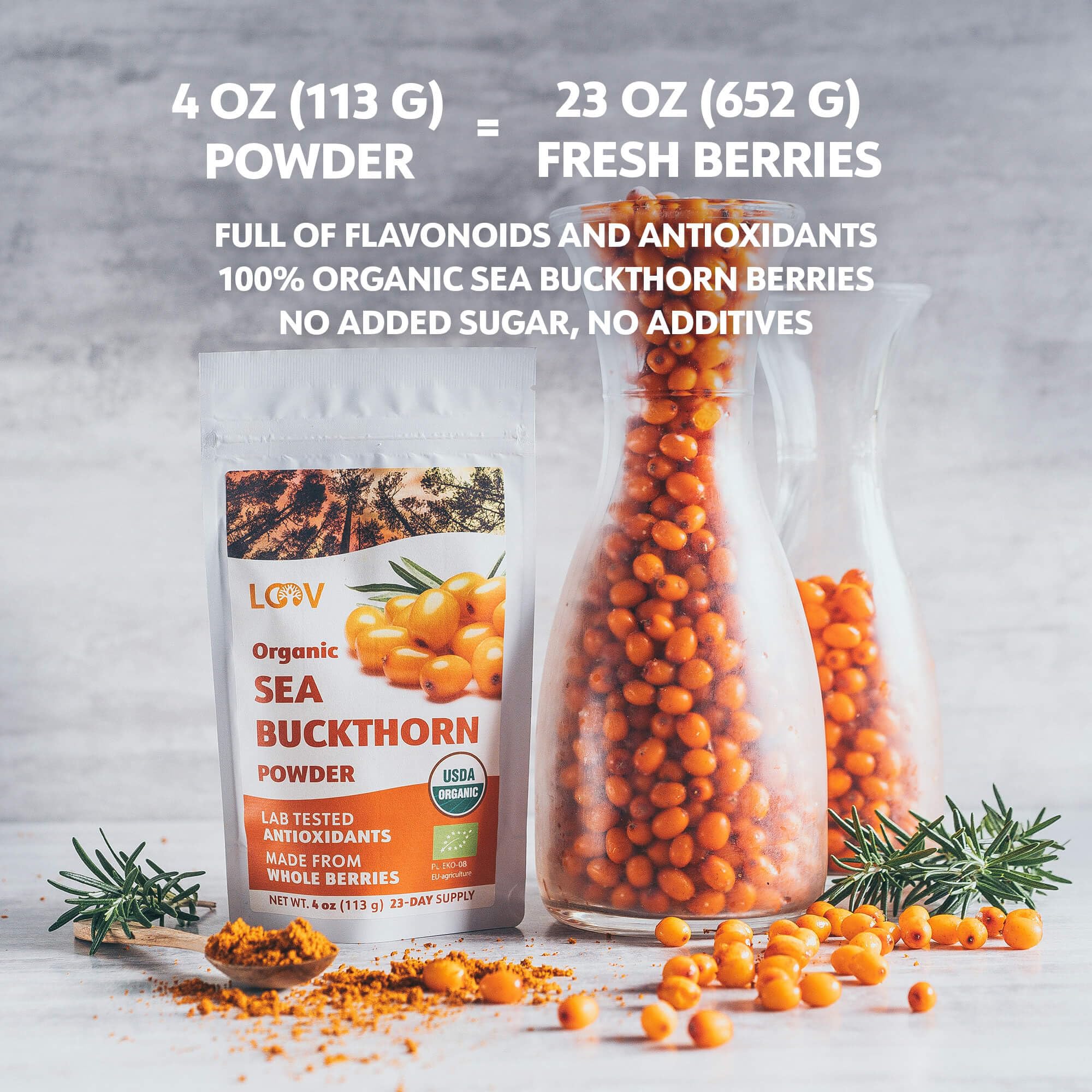 LOOV sea buckthorn powder smoothie; adds omega-rich notes with a subtle tang.