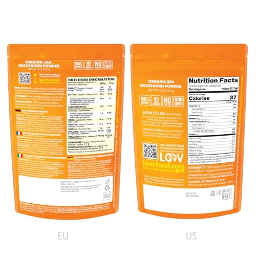 LOOV sea buckthorn powder texture close-up; rich vitamin C flavor enhances bowls and snacks.