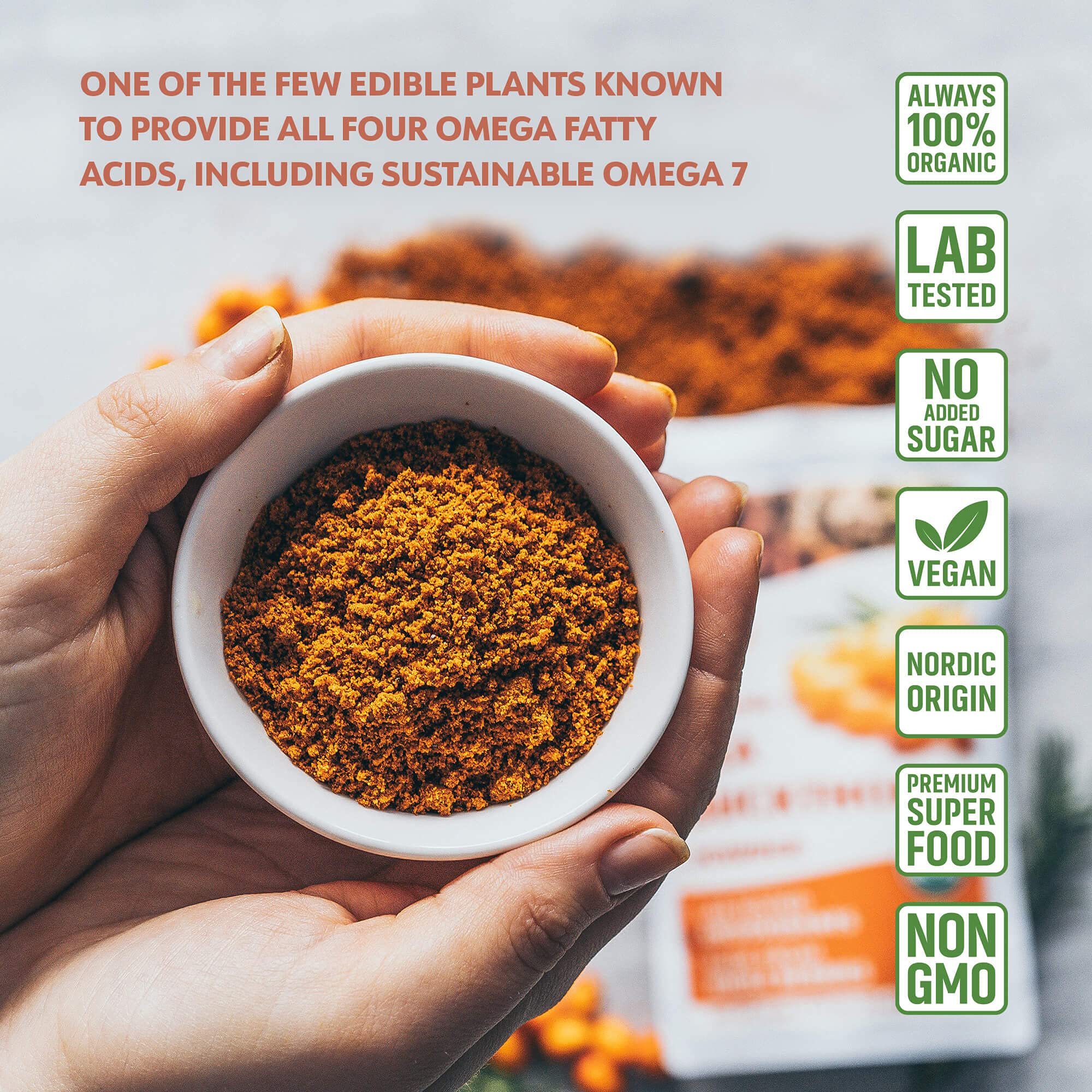 LOOV sea buckthorn powder in yogurt; blends into meals without masking flavors.
