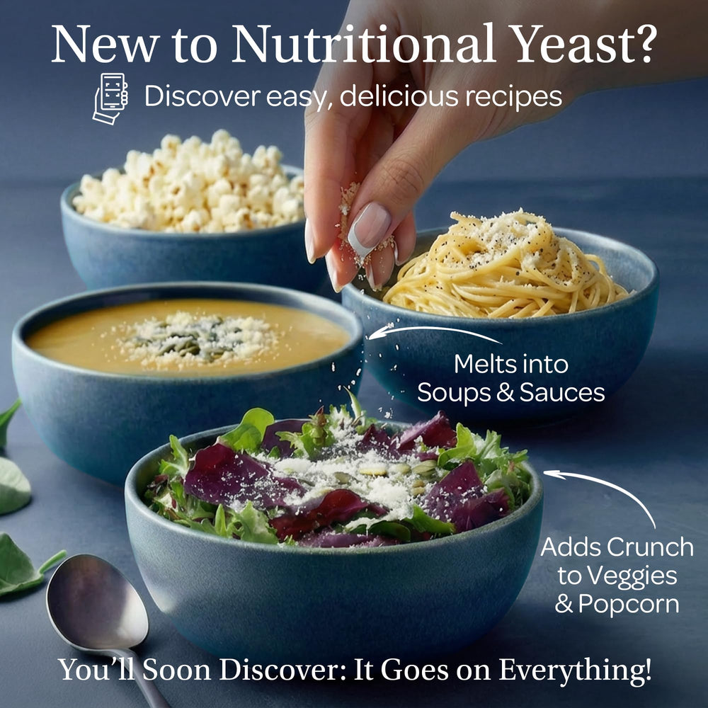 LOOV yeast flakes on pasta, providing a dairy-free cheesy boost.