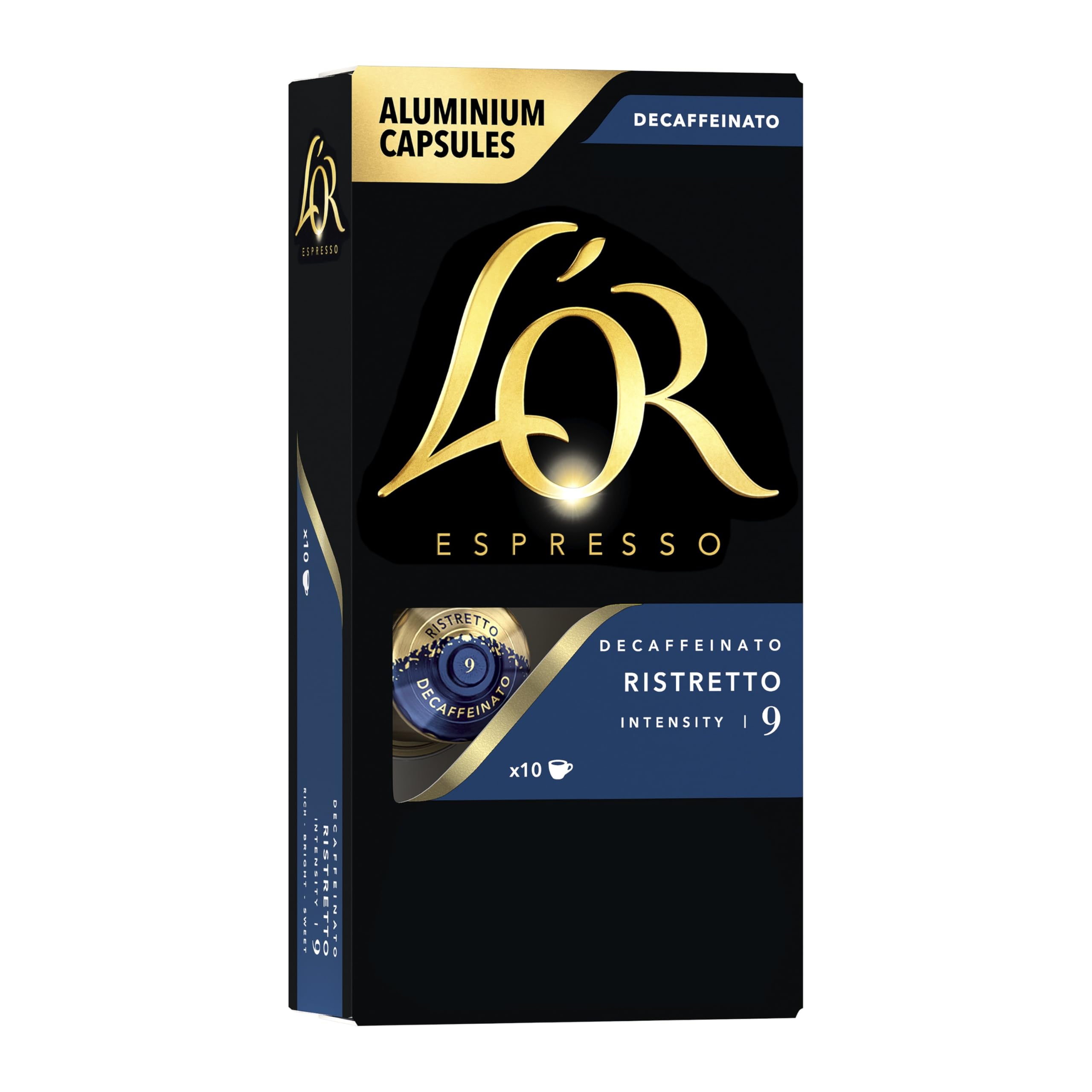 L’Or Espresso decaf ristretto capsules package for at-home barista experience