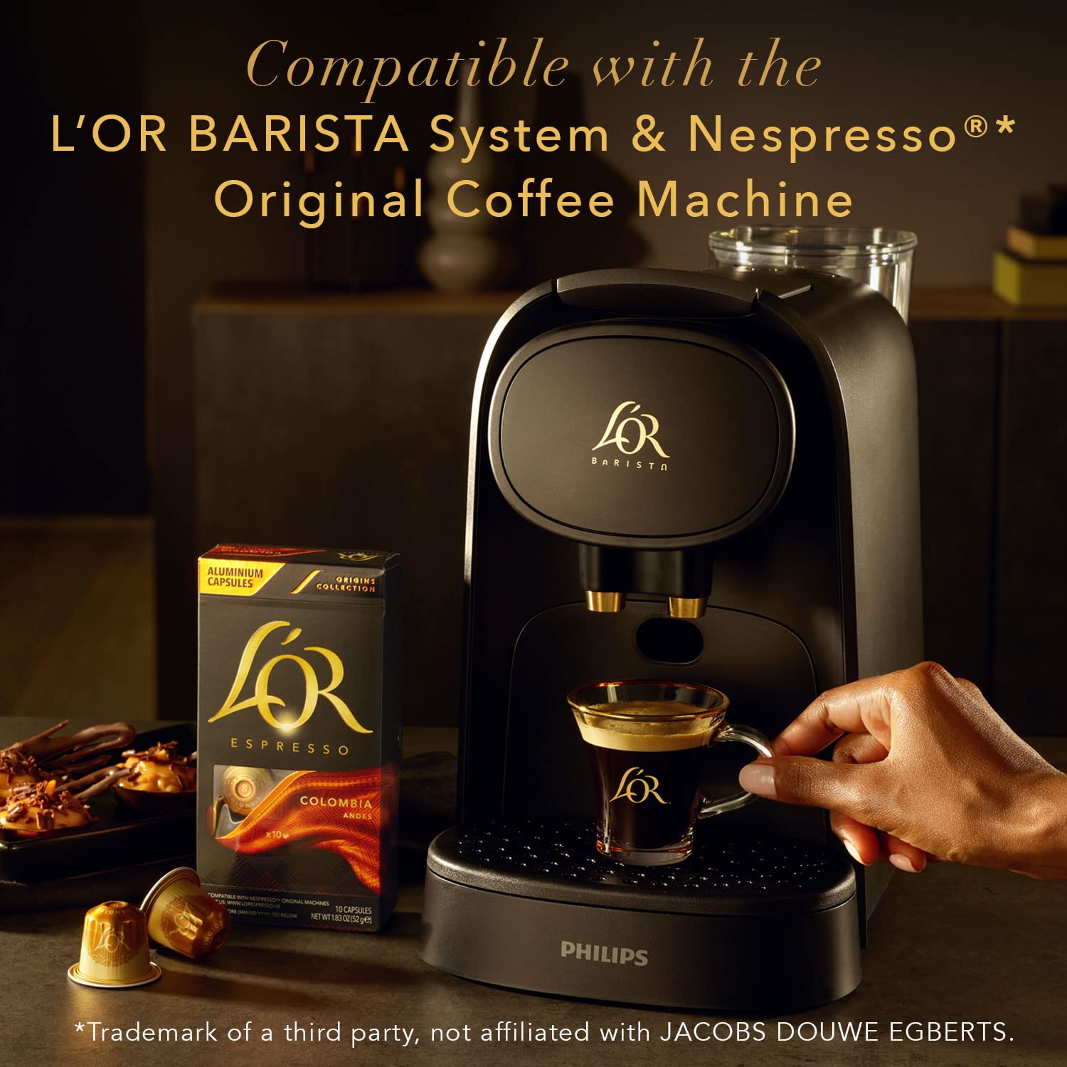 L'OR capsules show BARISTA and Nespresso Original compatibility for easy brewing.