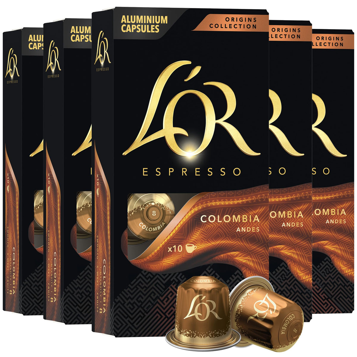L'OR Espresso Capsules Colombia packaging close-up emphasizes premium aluminum pods for freshness.