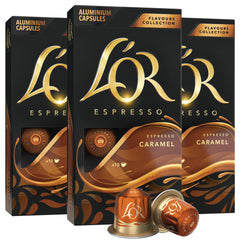 L'OR espresso caramel capsule delivers rich aroma for a quick morning brew.