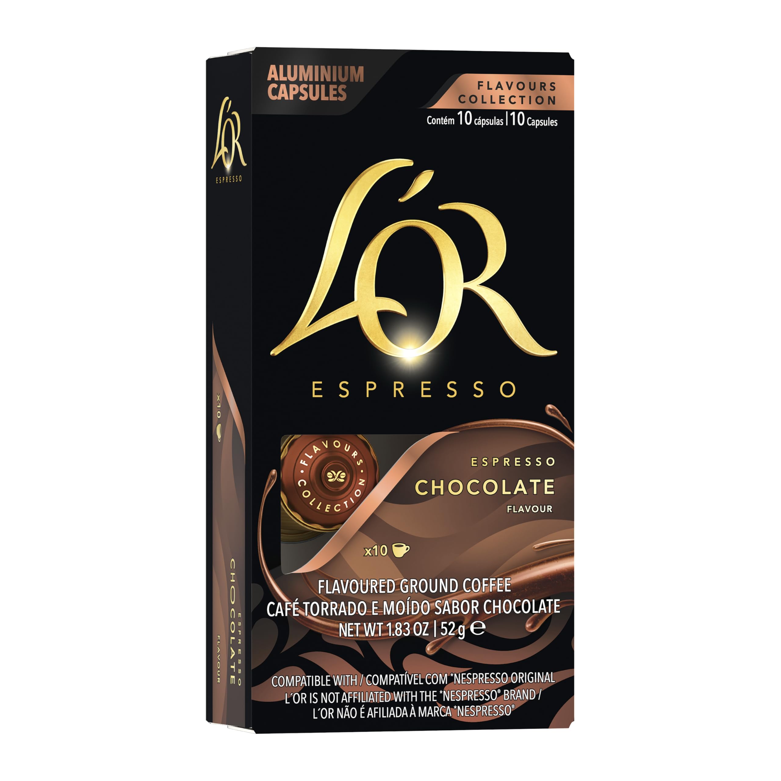 L'OR espresso chocolate flavor capsule showing rich aroma and chocolate notes for a smooth shot