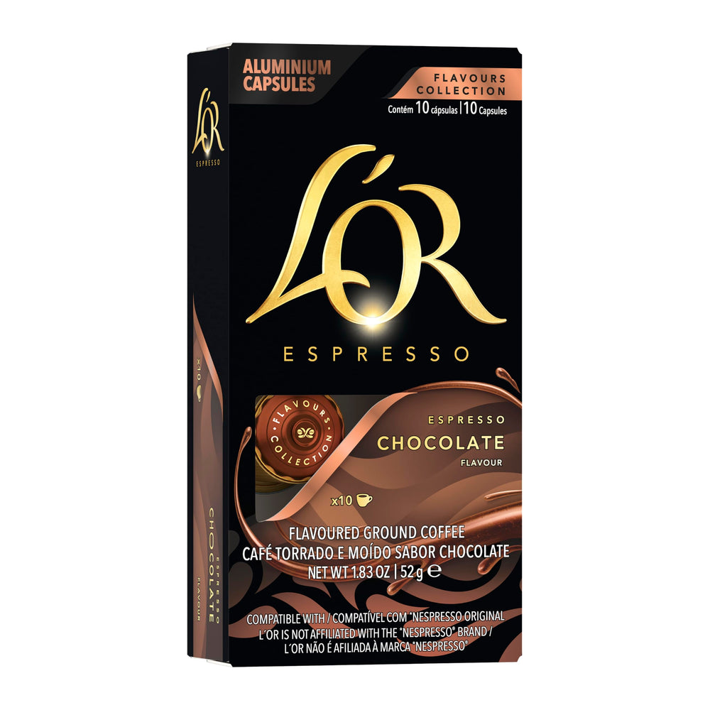 L'OR espresso chocolate flavor capsule showing rich aroma and chocolate notes for a smooth shot