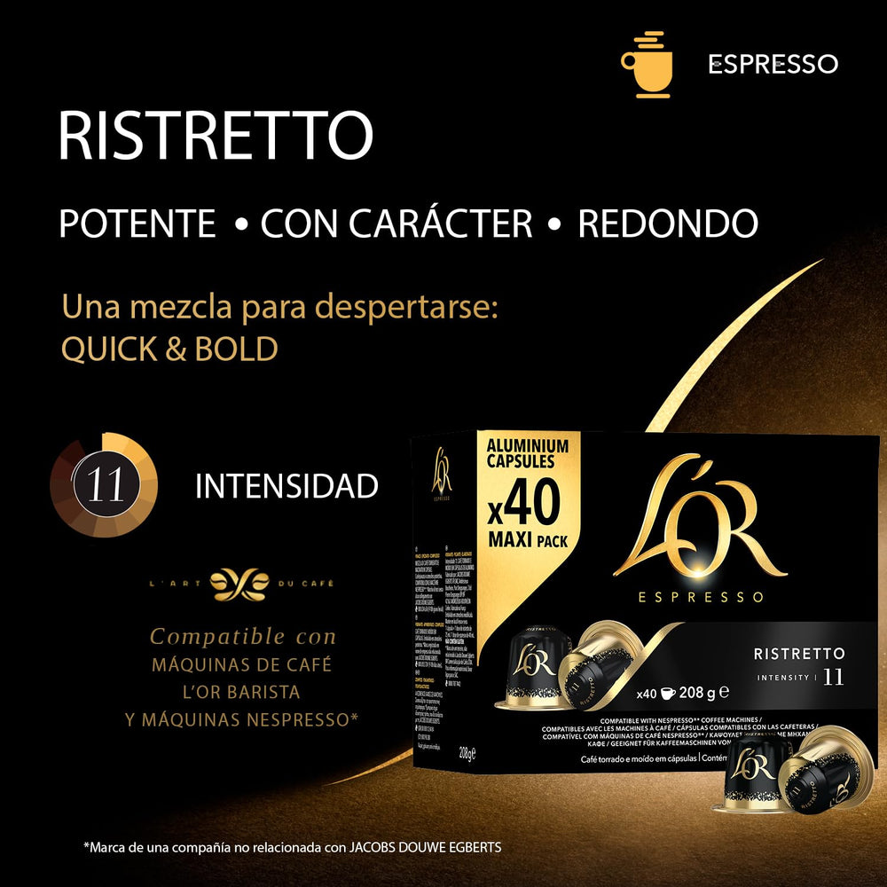L'Or Espresso Ristretto aluminium capsules on display for single-serve convenience.