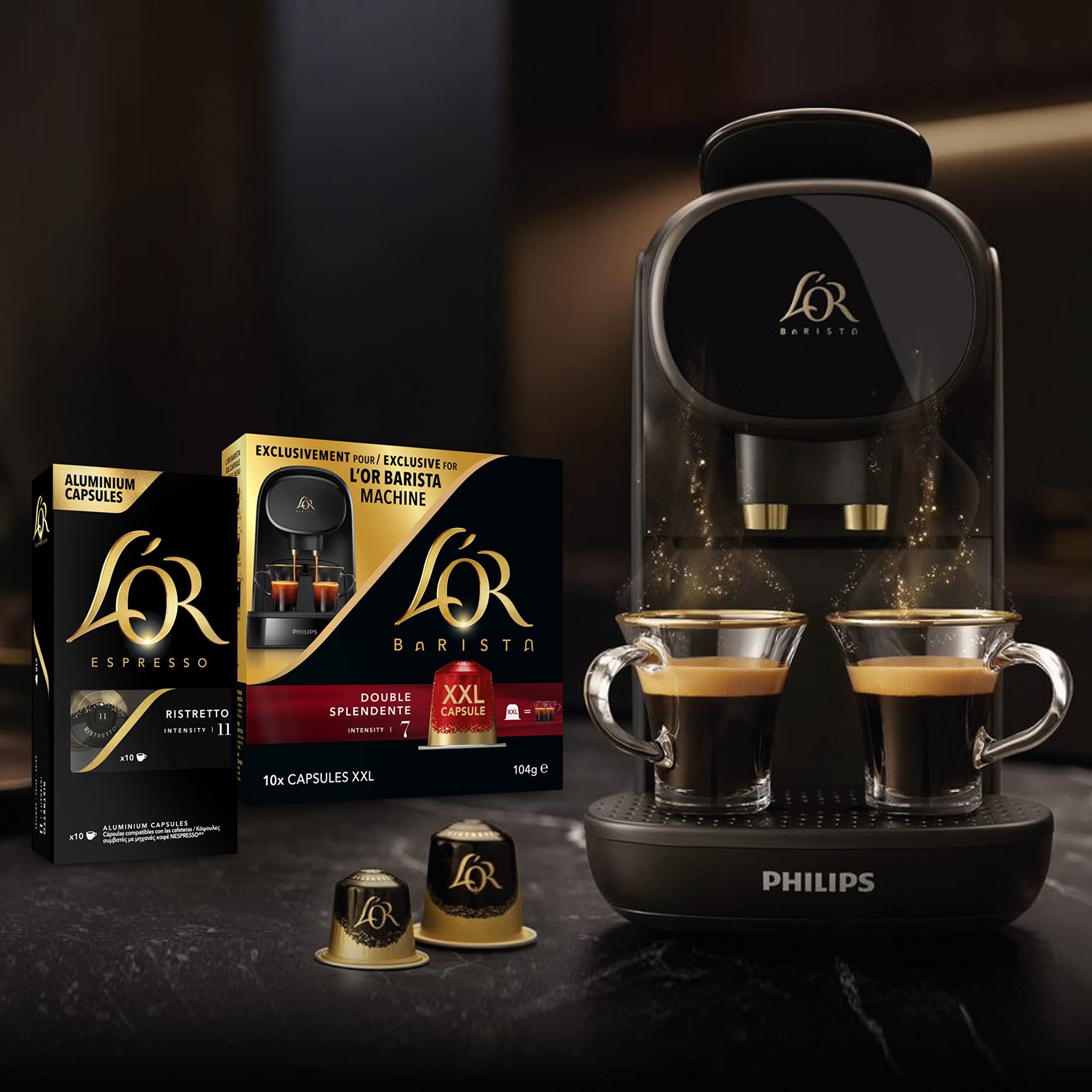 L'Or Espresso Ristretto pod on a cup highlighting crema and bold flavor potential.