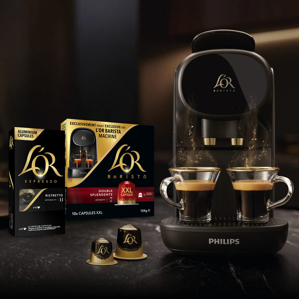 L'Or Espresso Ristretto pod on a cup highlighting crema and bold flavor potential.