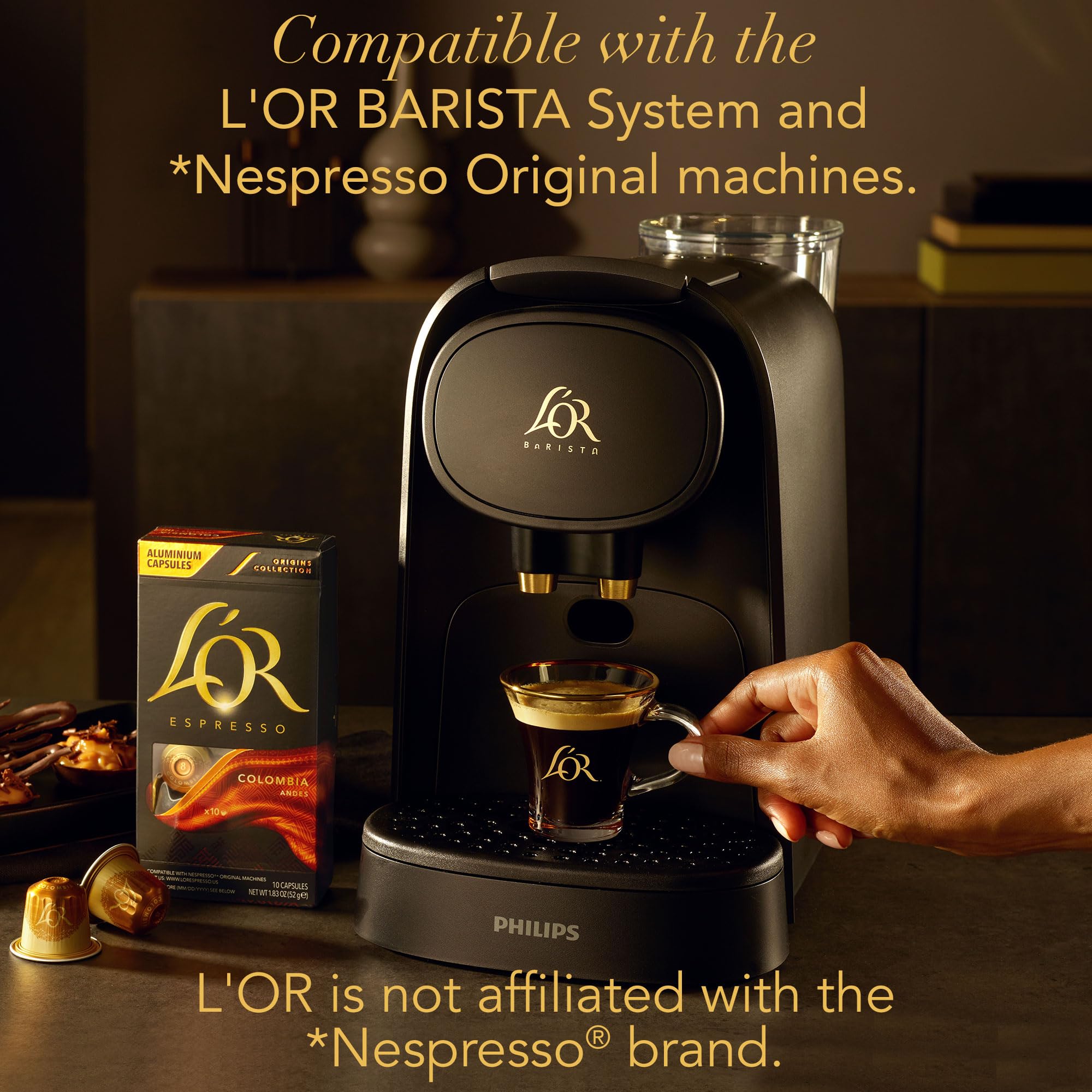 A steaming cup reveals creamy crema and balanced vanilla notes from L'OR.