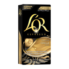 L'OR Espresso Vanilla capsules packaging highlights vanilla aroma for a smooth brew.