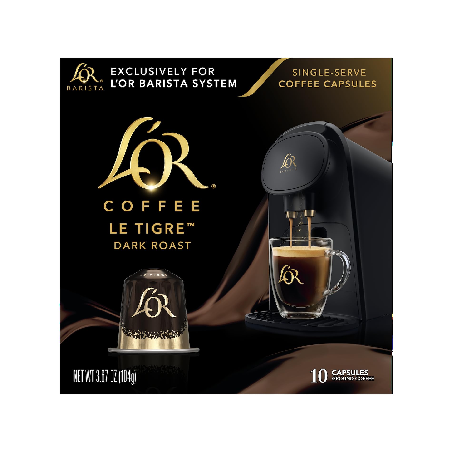 L'OR Le Tigre dark roast capsules ready for a bold morning espresso.