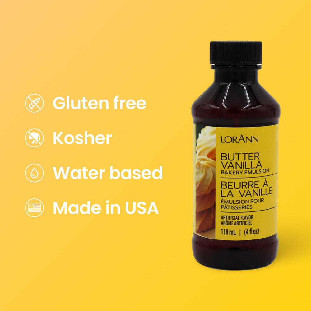 LorAnn Butter Vanilla Bakery Emulsion label closeup highlighting gluten-free and nut-free attributes
