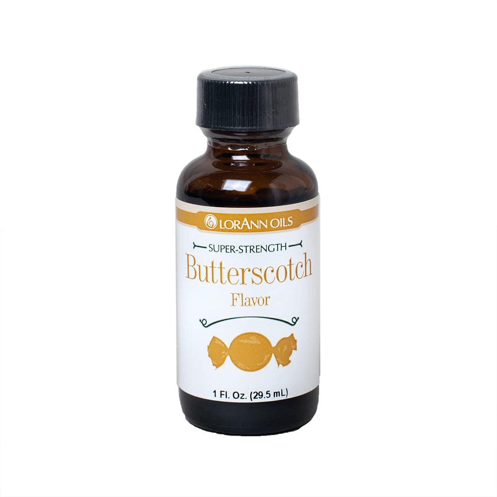LorAnn Butterscotch Super Strength flavor bottle label highlighting high potency for baking.