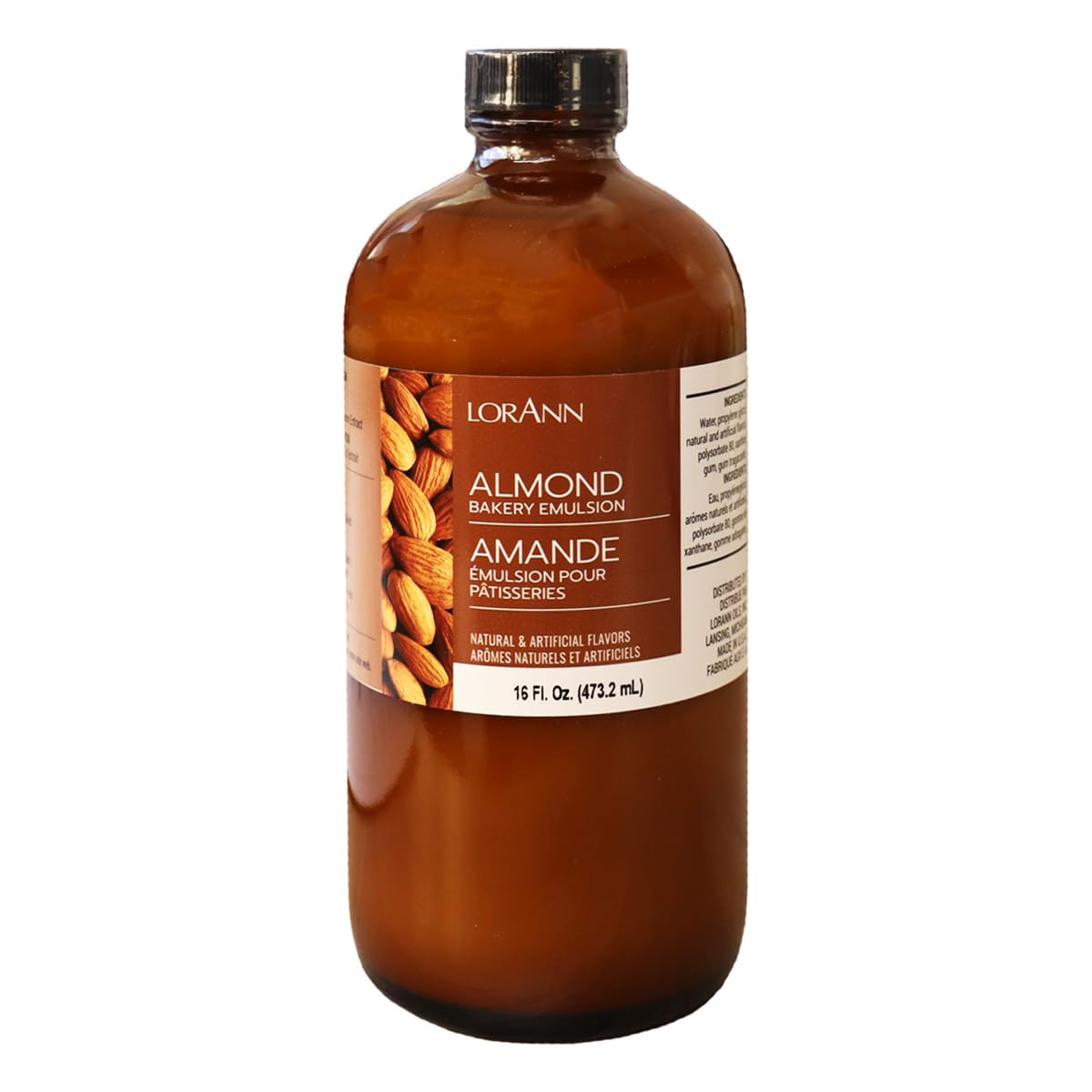 LorAnn Oils Almond Bakery Emulsion bottle closeup showing rich almond flavor