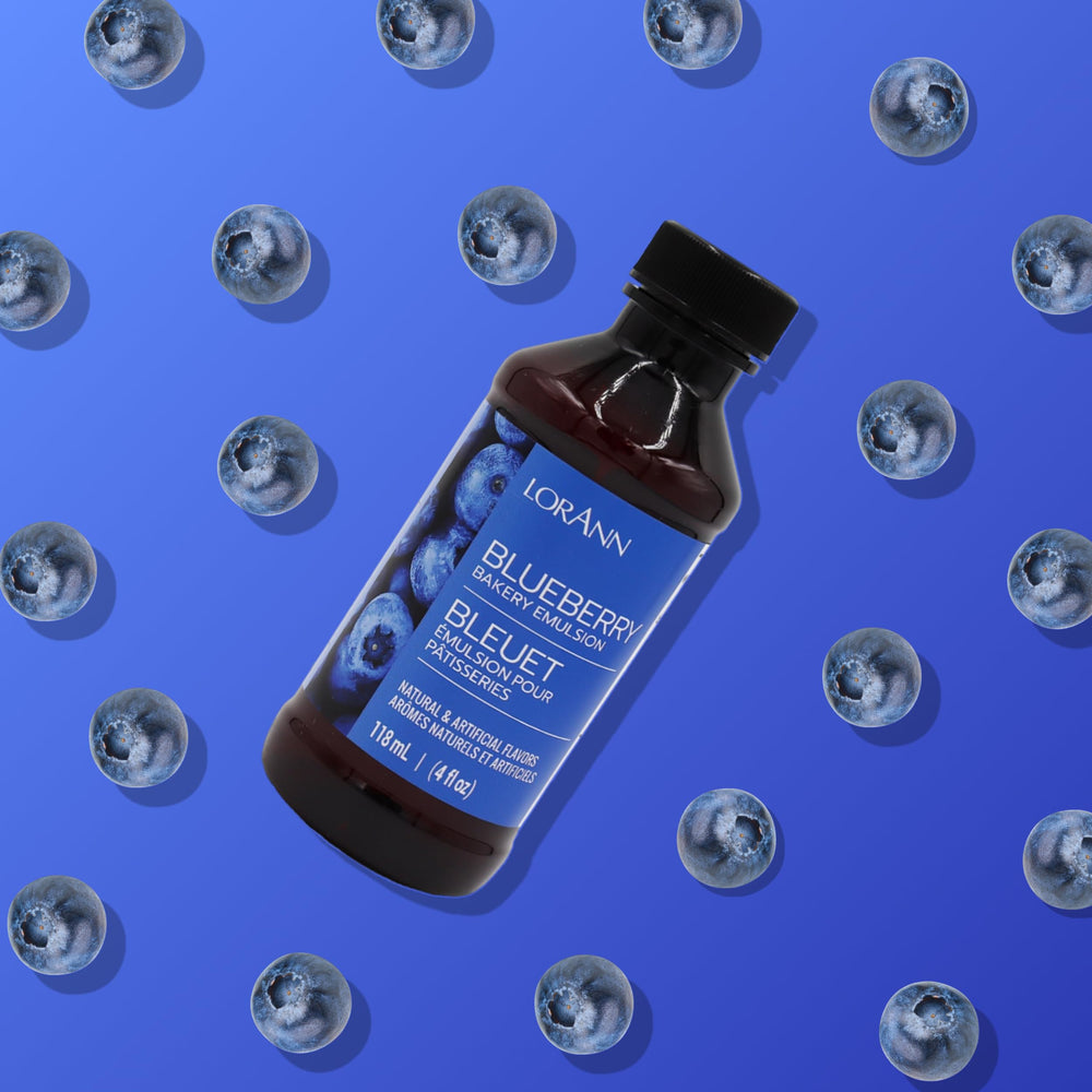 LorAnn Oils Blueberry Bakery Emulsion label shows USA-made, BPA-free packaging