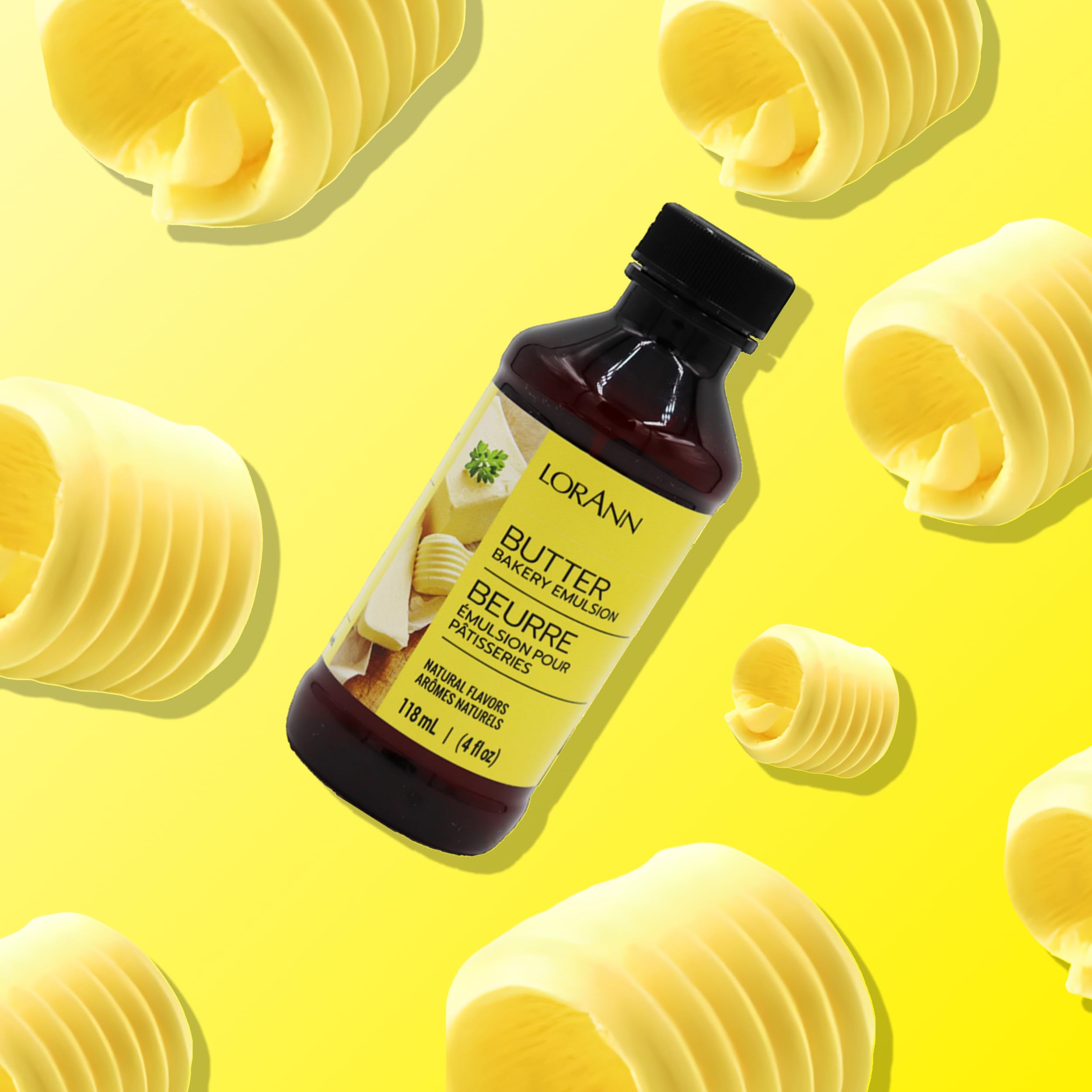 LorAnn Oils Butter Bakery Emulsion drops close-up emphasizes creamy aroma and pantry-friendly packaging.