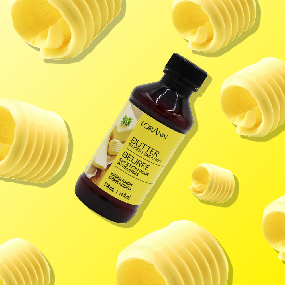 LorAnn Oils Butter Bakery Emulsion drops close-up emphasizes creamy aroma and pantry-friendly packaging.