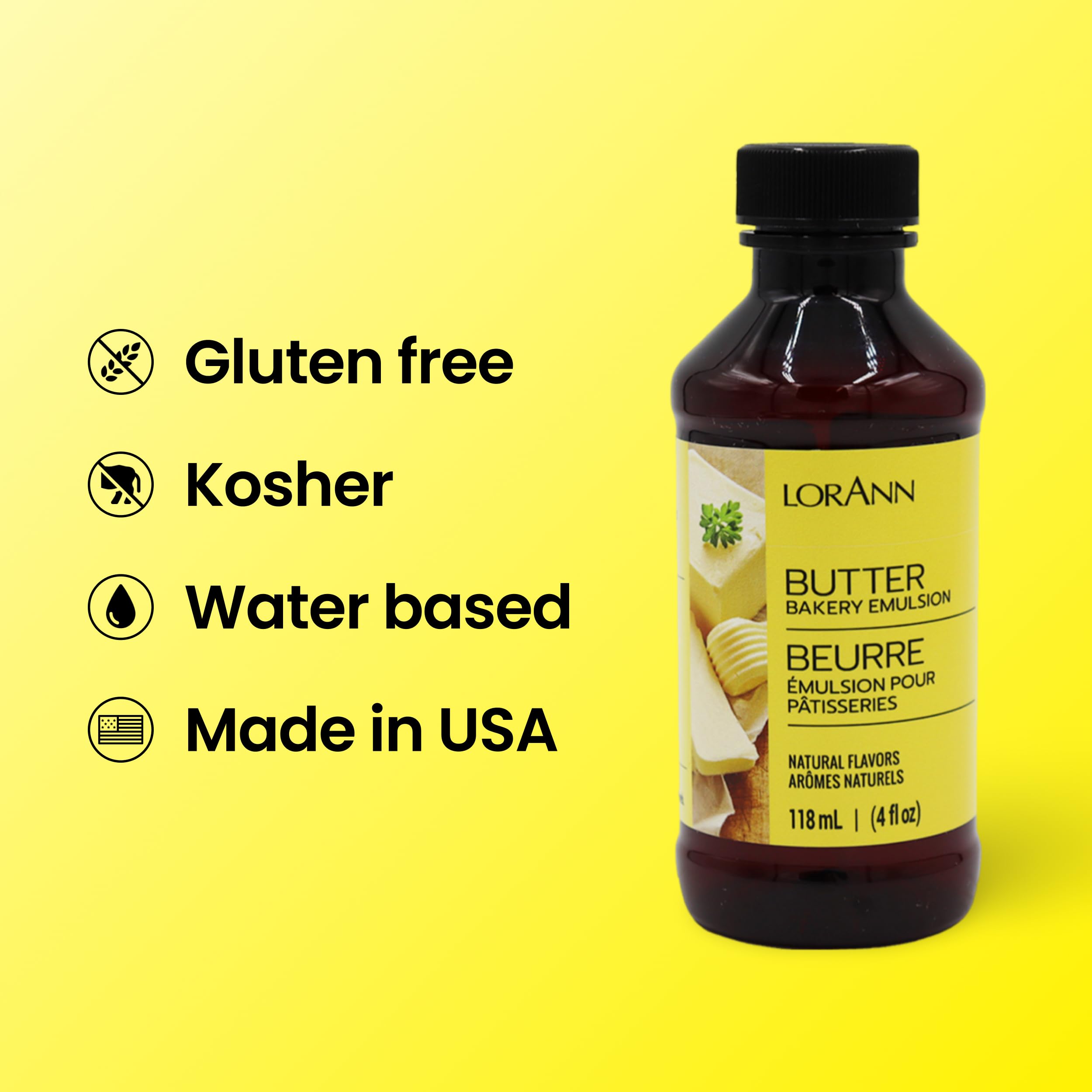 LorAnn Oils Butter Bakery Emulsion glass-dispense illustrates precise measurement for frosting.