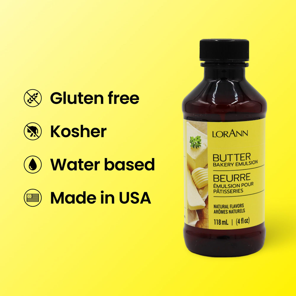 LorAnn Oils Butter Bakery Emulsion glass-dispense illustrates precise measurement for frosting.