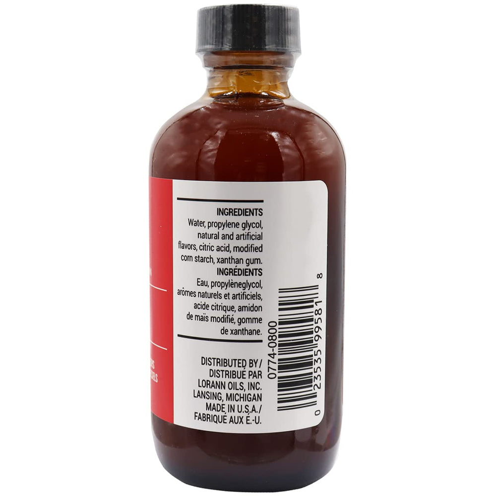 Close-up of LorAnn Oils Cherry Bakery Emulsion label highlighting quality features.