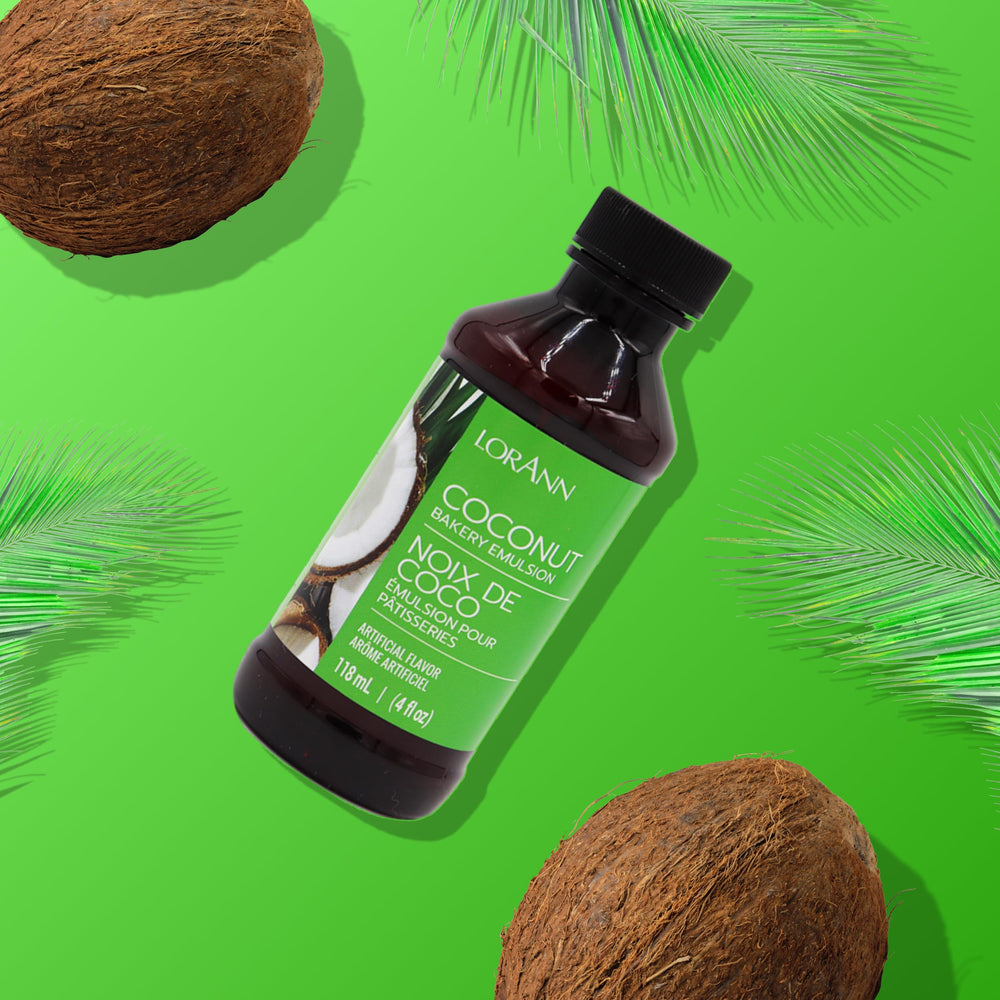 LorAnn Oils Coconut Bakery Emulsion on cake and frosting, boosting tropical coconut notes.