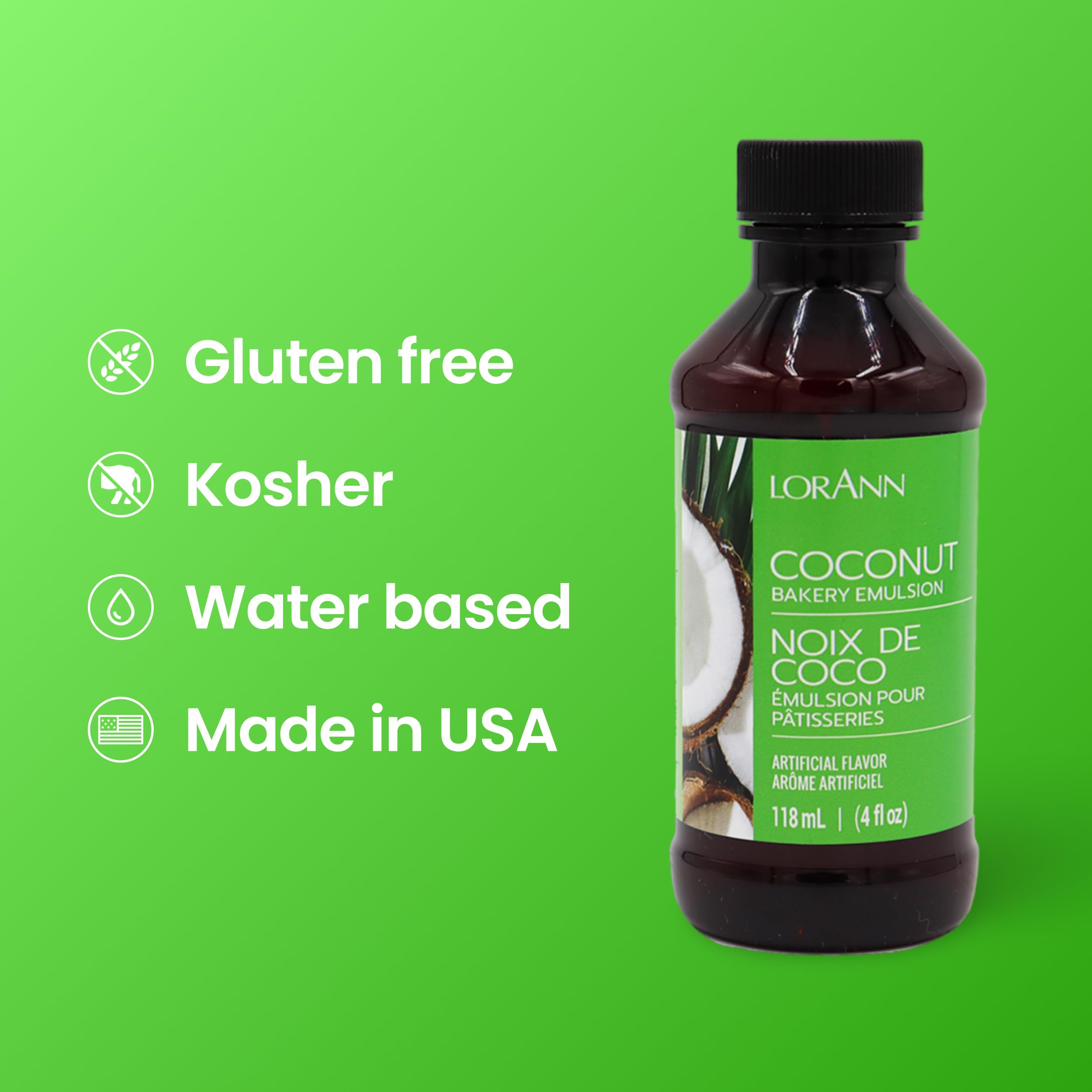 LorAnn Oils Coconut Bakery Emulsion packaging, USA-made and BPA-free for safe storage.