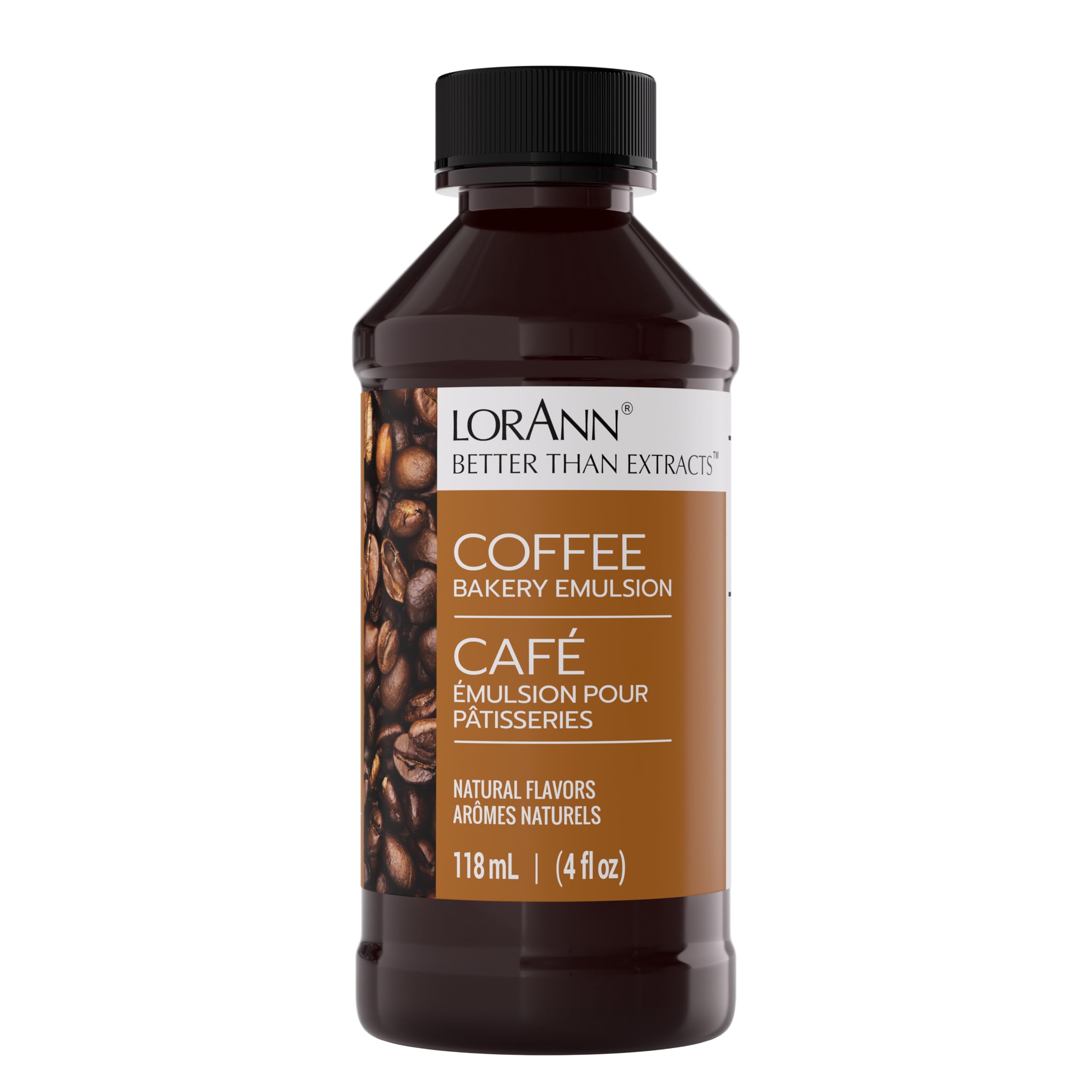 LorAnn Oils Coffee Bakery Emulsion bottle enhances fruit notes in desserts.