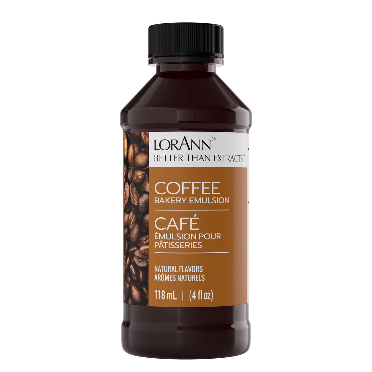 LorAnn Oils Coffee Bakery Emulsion bottle enhances fruit notes in desserts.