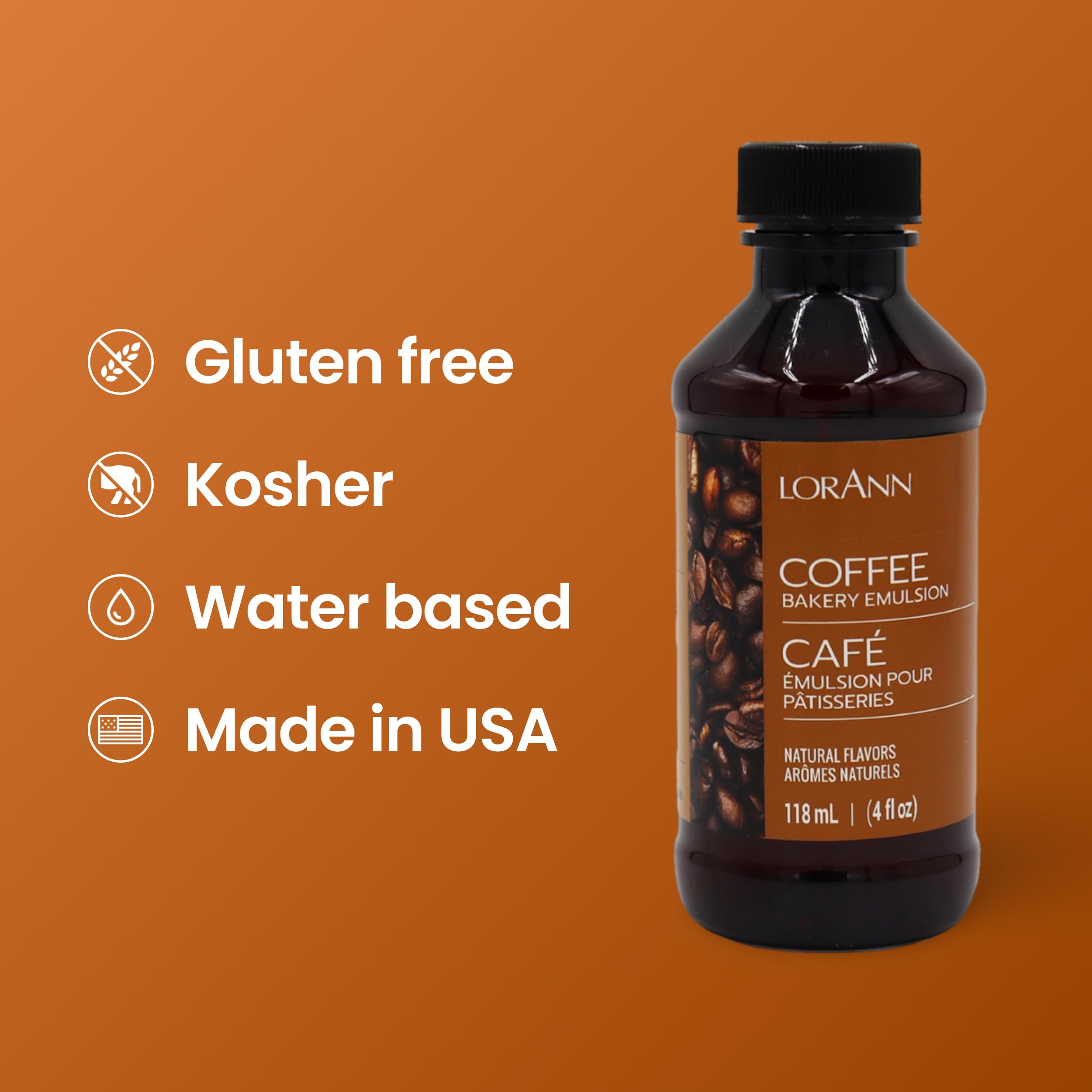 LorAnn Oils Coffee Bakery Emulsion gluten-free label signals safe ingredient choices.