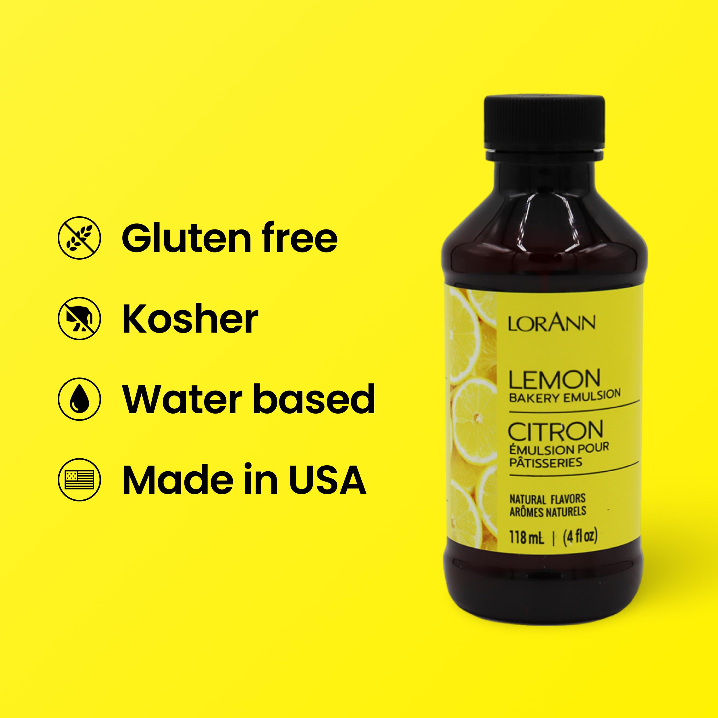 4 oz LorAnn Oils Lemon Bakery Emulsion bottle beside flour and lemon zest