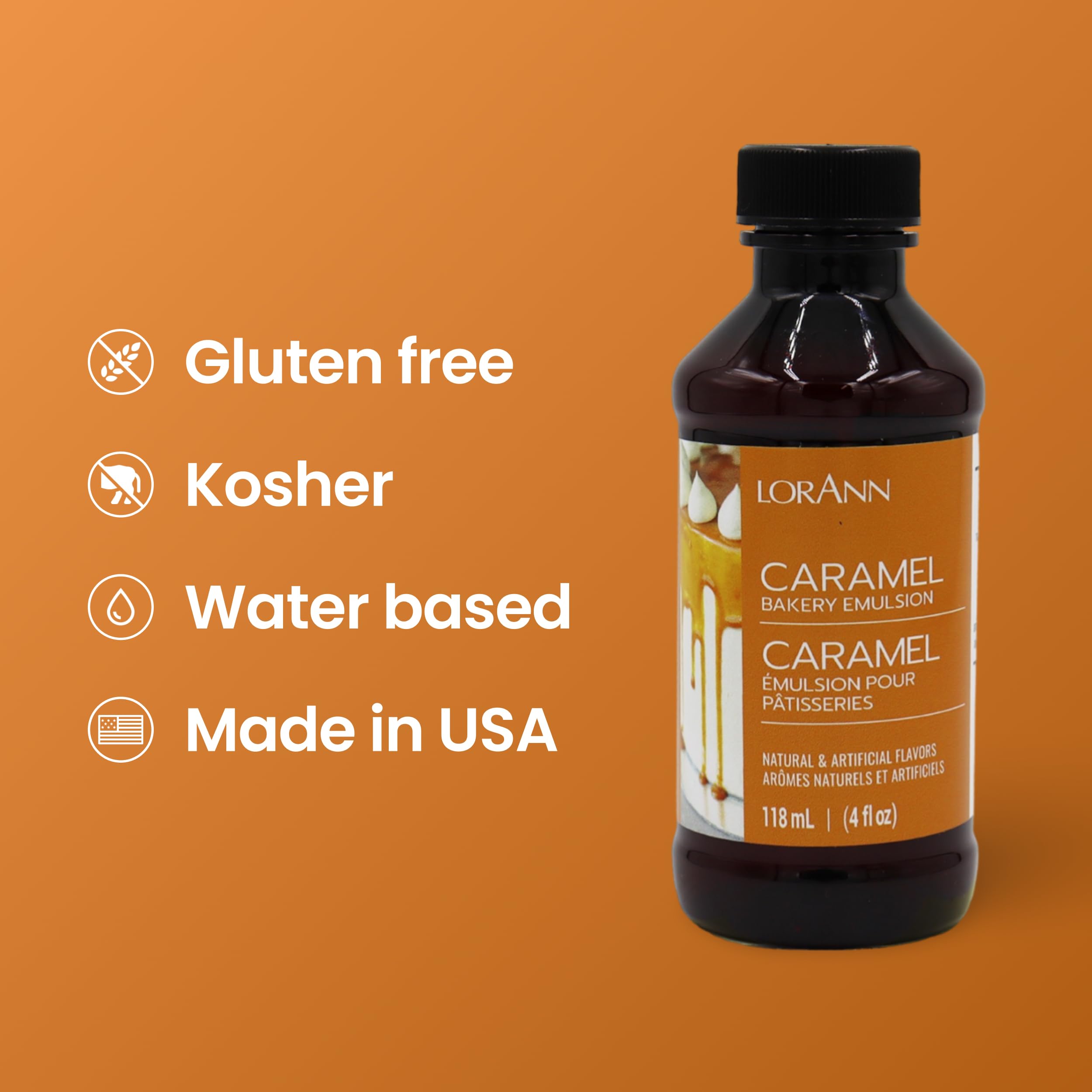 LorAnn Oils Caramel Bakery Emulsion made in USA insignia communicates quality