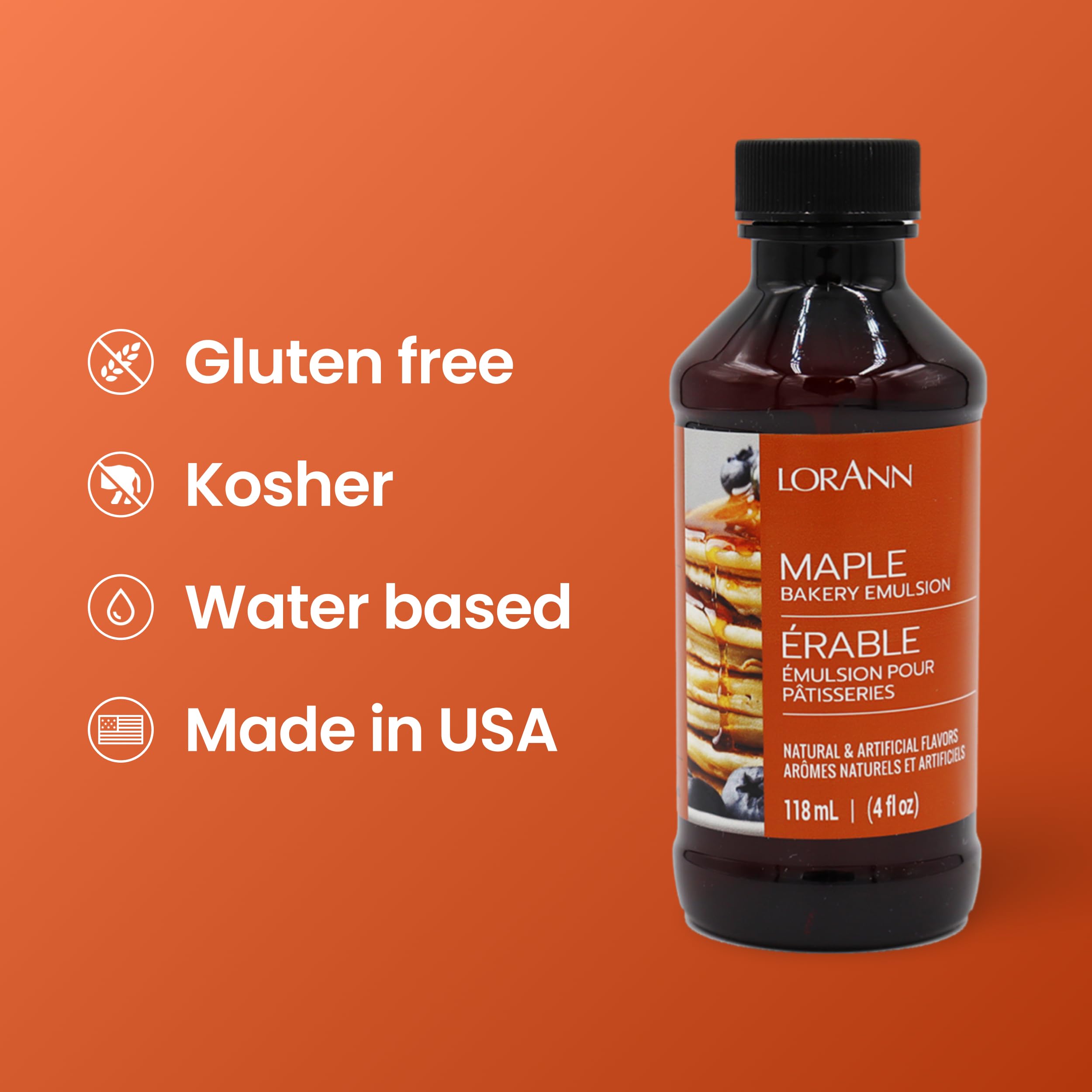 LorAnn Oils Maple Bakery Emulsion bottle on shelf signals premium quality.
