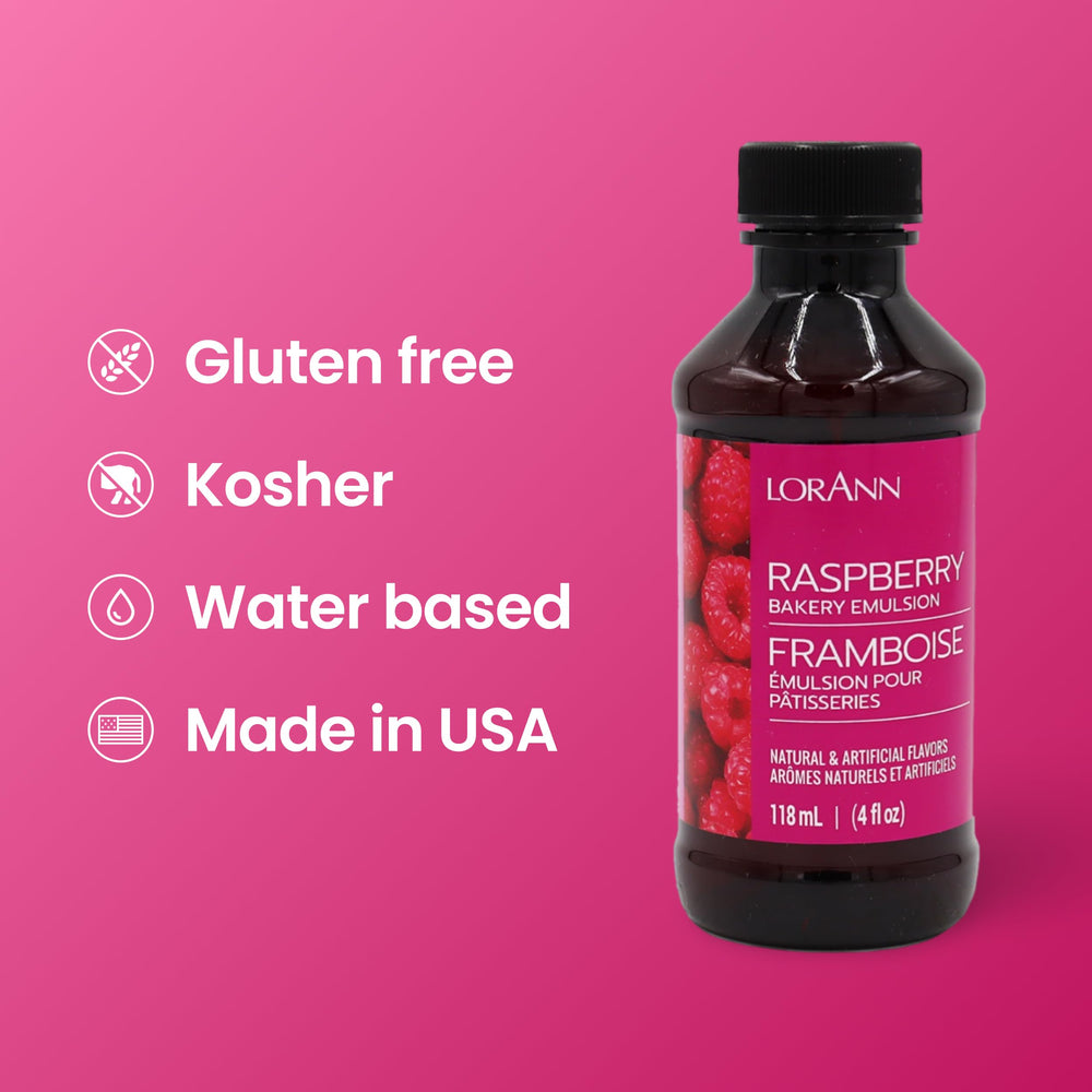LorAnn Raspberry emulsion bottle with gluten-free and keto-friendly claim.