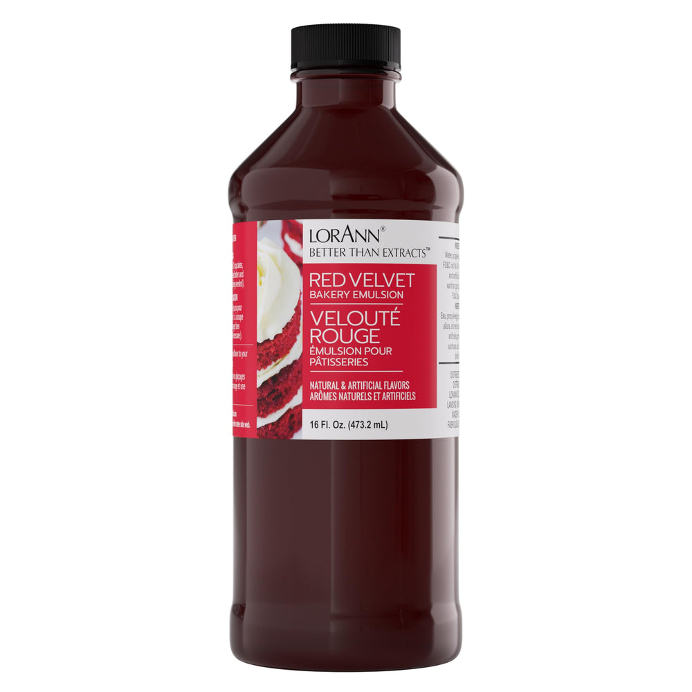 LorAnn Oils Red Velvet Emulsion bottle enhances fruit tones in baking.