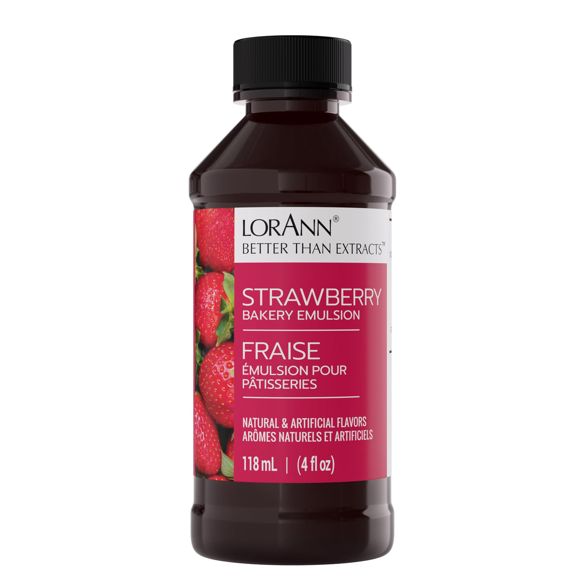 LorAnn Oils Strawberry Bakery Emulsion bottle pouring for richer strawberry notes in cakes