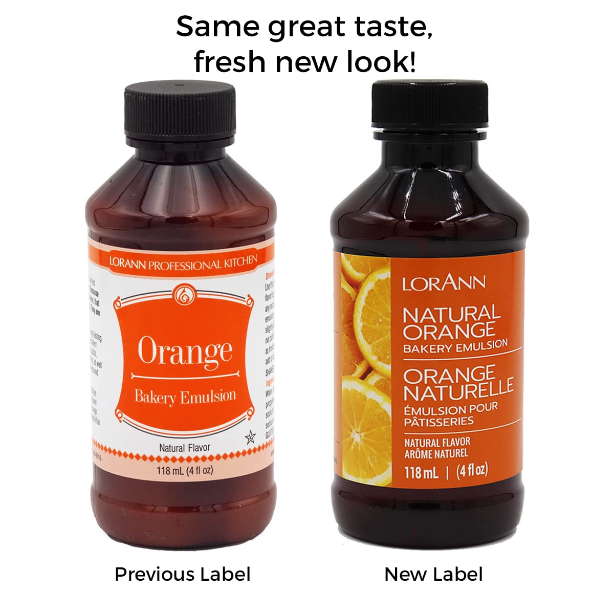 Close-up of LorAnn Orange Bakery Emulsion beside measuring spoon for easy zest substitution.