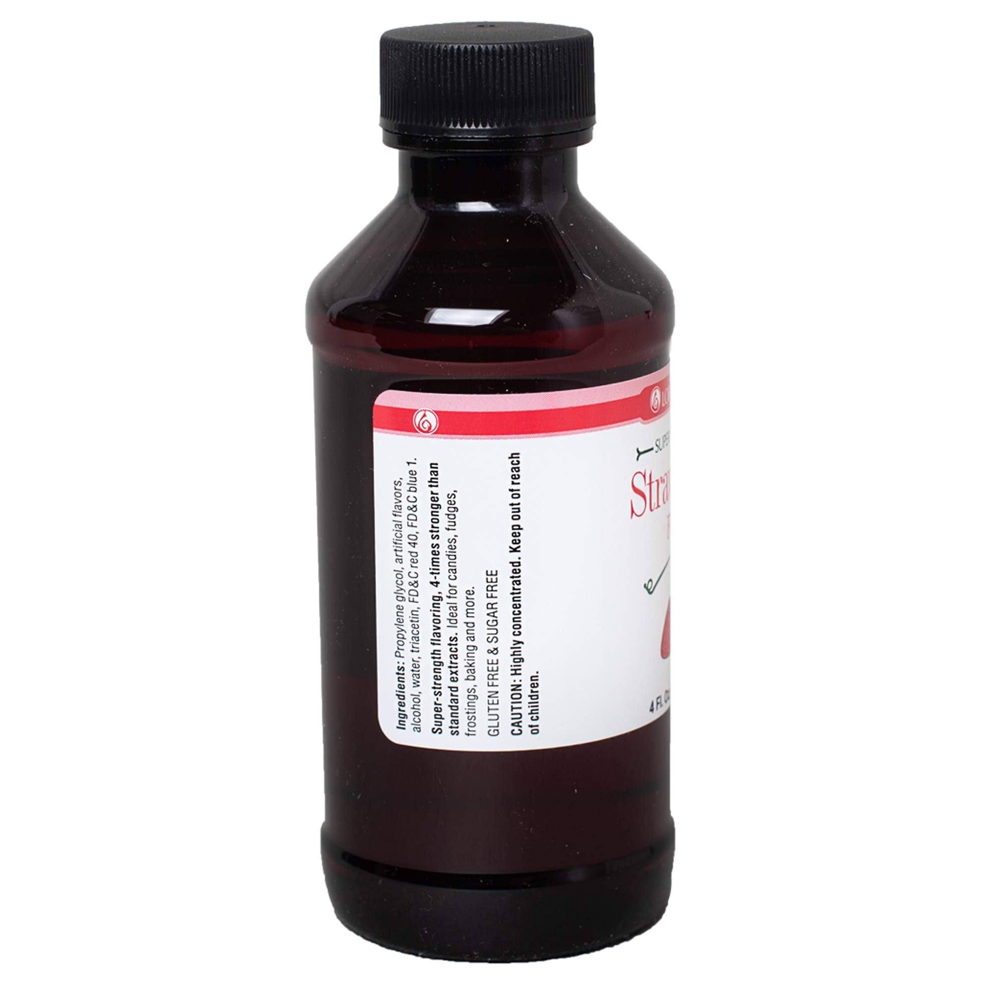 Closeup of LorAnn Strawberry SS bottle label for precise flavoring measurements.