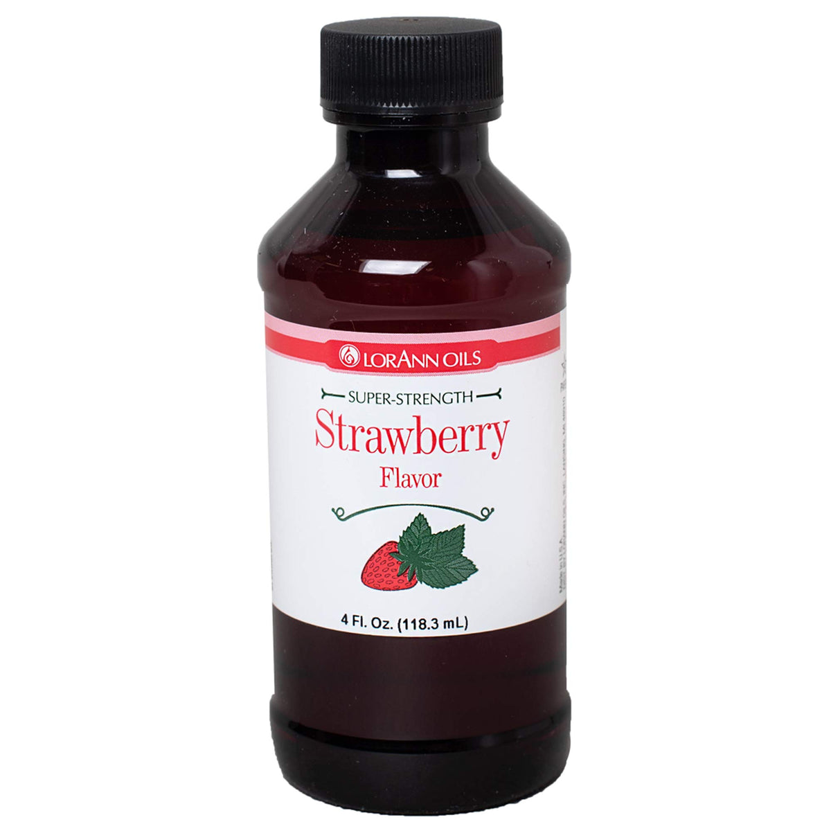 LorAnn Strawberry SS flavor bottle closeup highlights potent candy-grade strawberry notes.