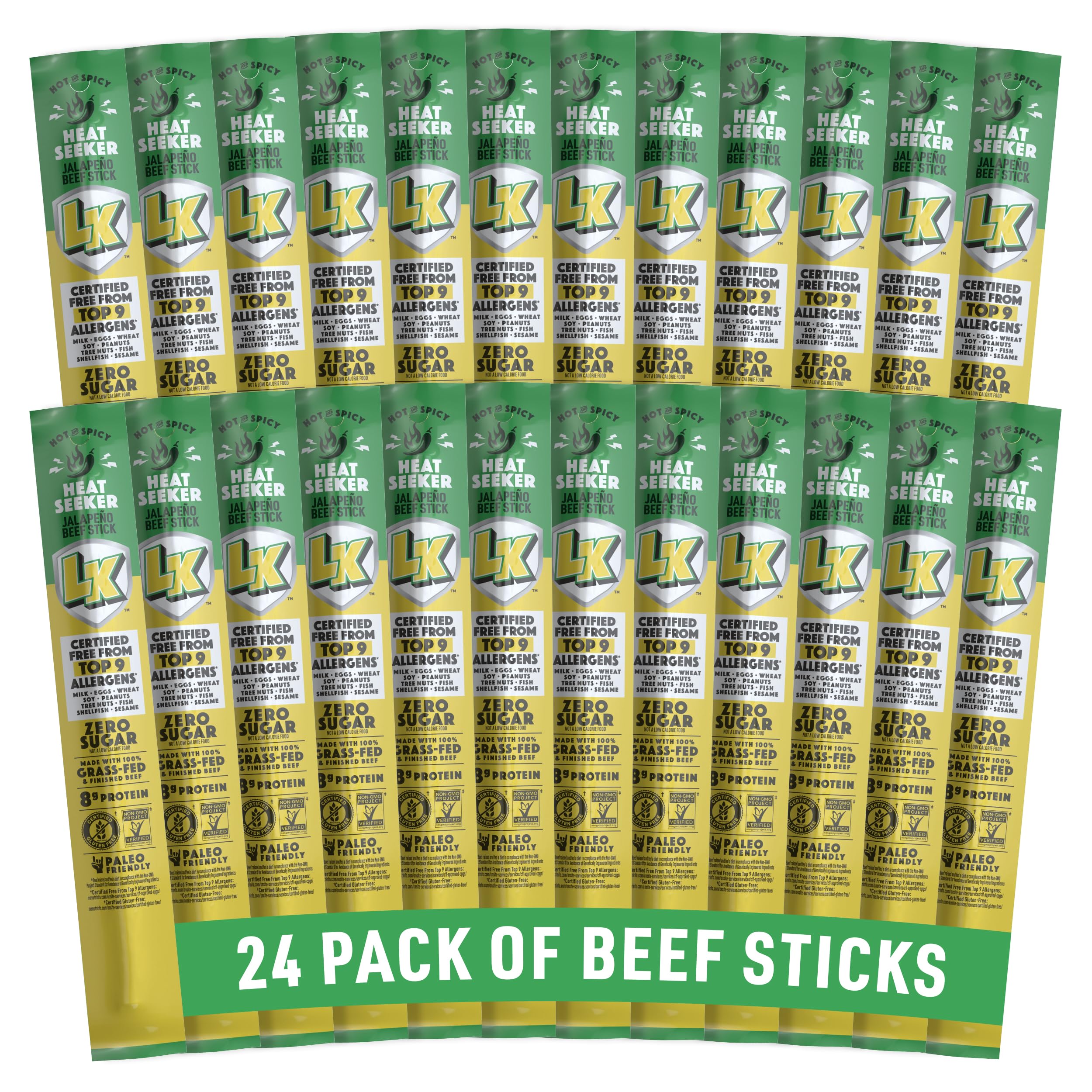 Lorissa's Kitchen Heat Seeker Jalapeño Beef Stick 24-pack, protein-rich ready-to-eat snack.