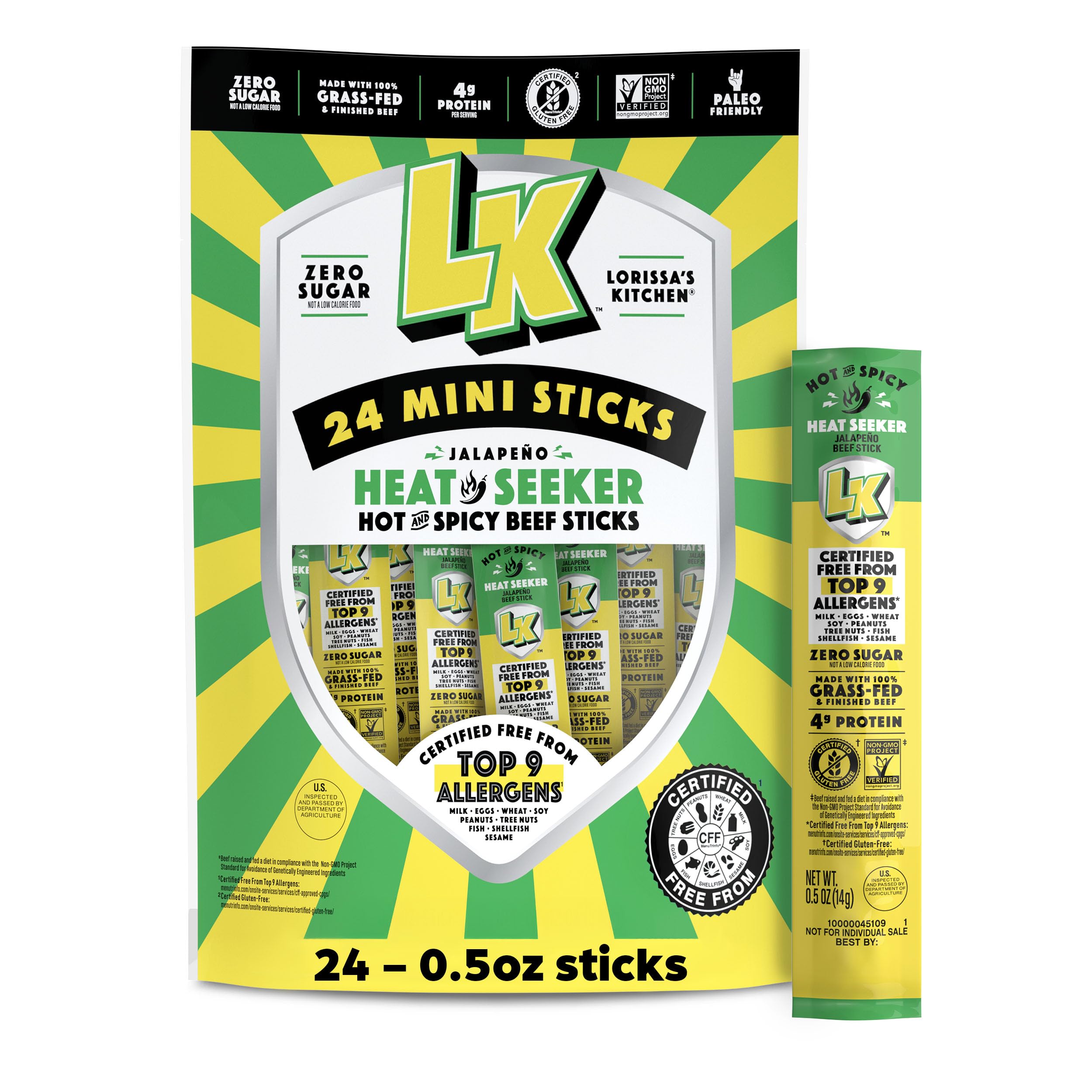 Lorissa's Kitchen Heat Seeker jalapeno mini beef sticks pack, perfect for on-the-go.