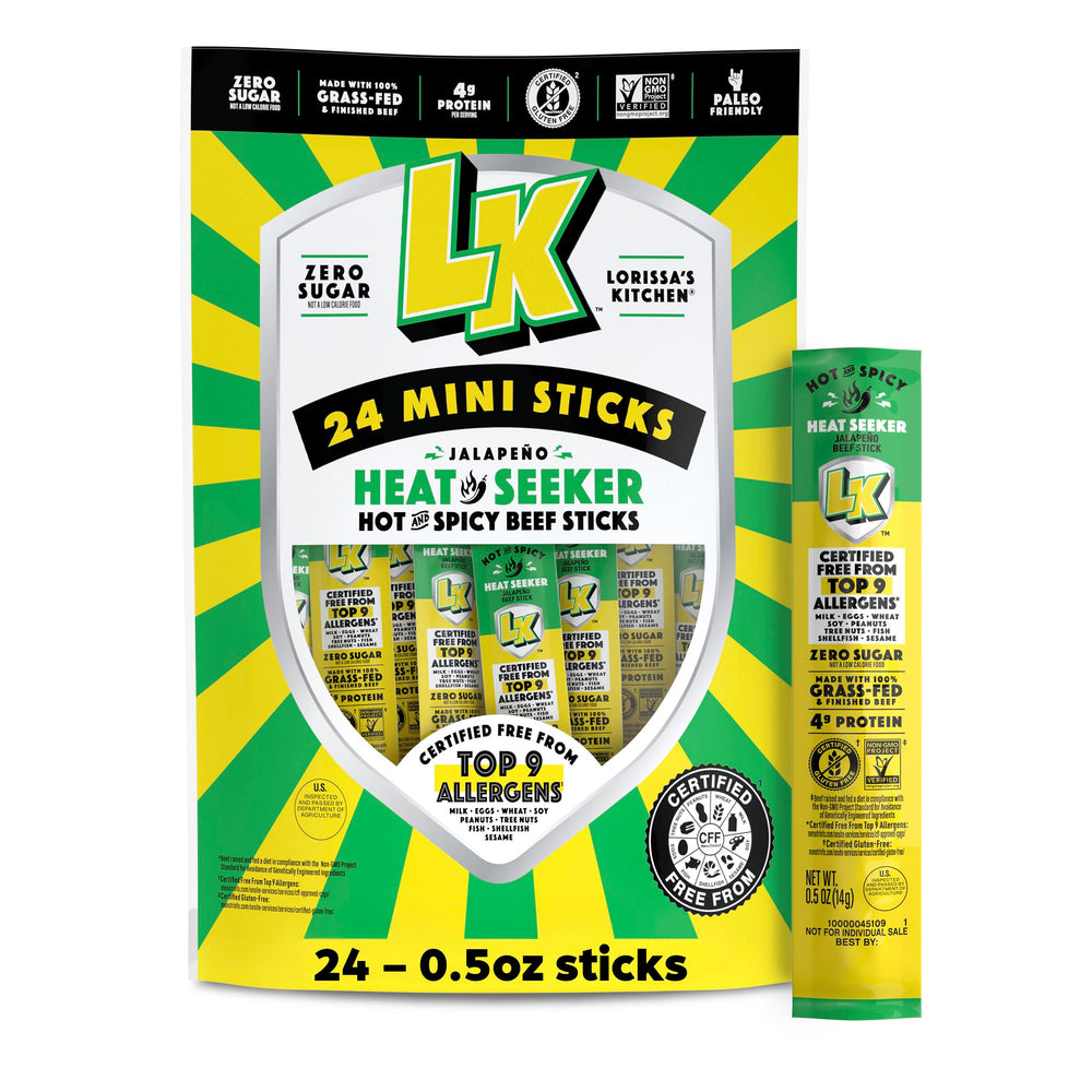 Lorissa's Kitchen Heat Seeker jalapeno mini beef sticks pack, perfect for on-the-go.