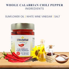 Jar on counter features L'Oro Del Sud peppers in oil for quick flavor