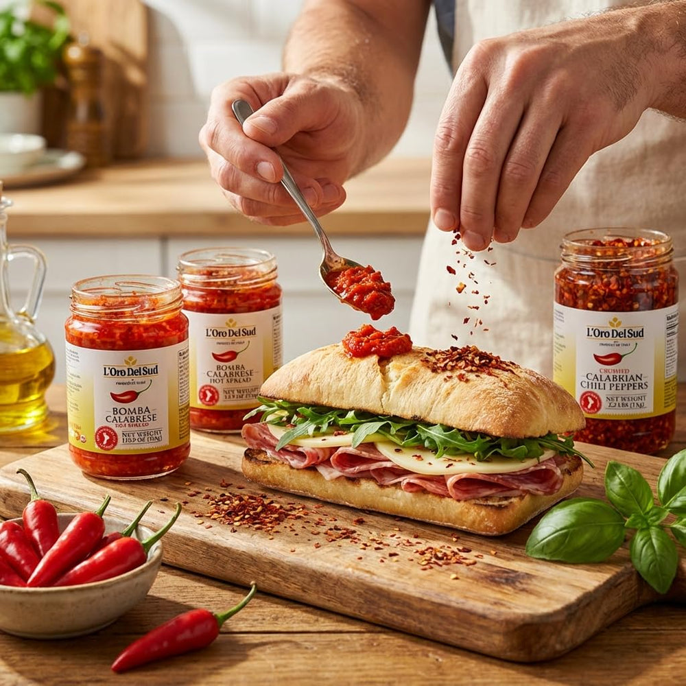 Pantry display of L'Oro Del Sud peppers in oil adds versatile spice