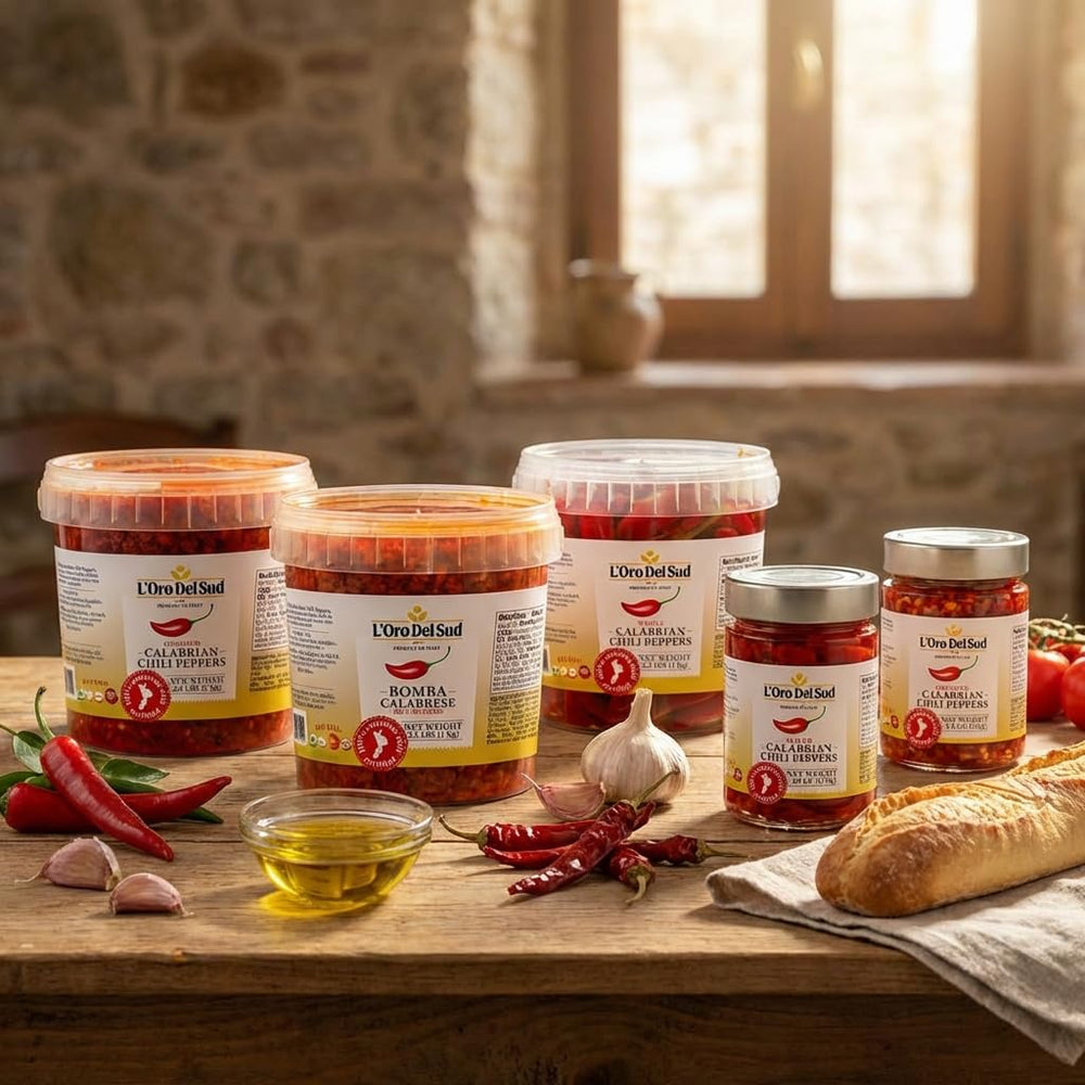 Shelf-stable jar of L'Oro Del Sud peppers in oil ready