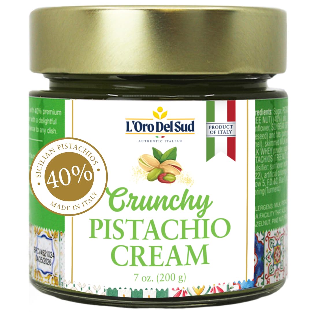 L'Oro Del Sud crunchy pistachio cream jar—rich, authentic Sicilian flavor.