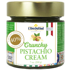 L'Oro Del Sud crunchy pistachio cream jar—rich, authentic Sicilian flavor.