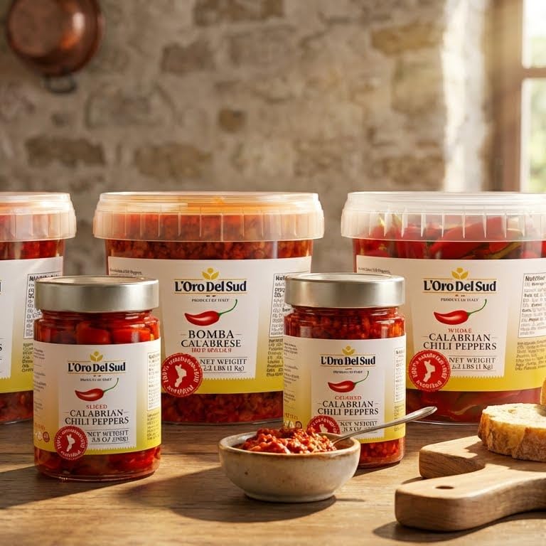 Ingredients list and natural colors reflect L'Oro Del Sud Calabrian paste.