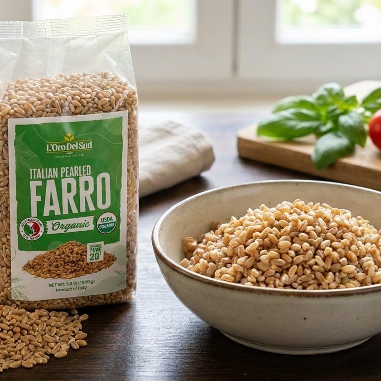 L'Oro Del Sud non-GMO label on organic farro packaging.
